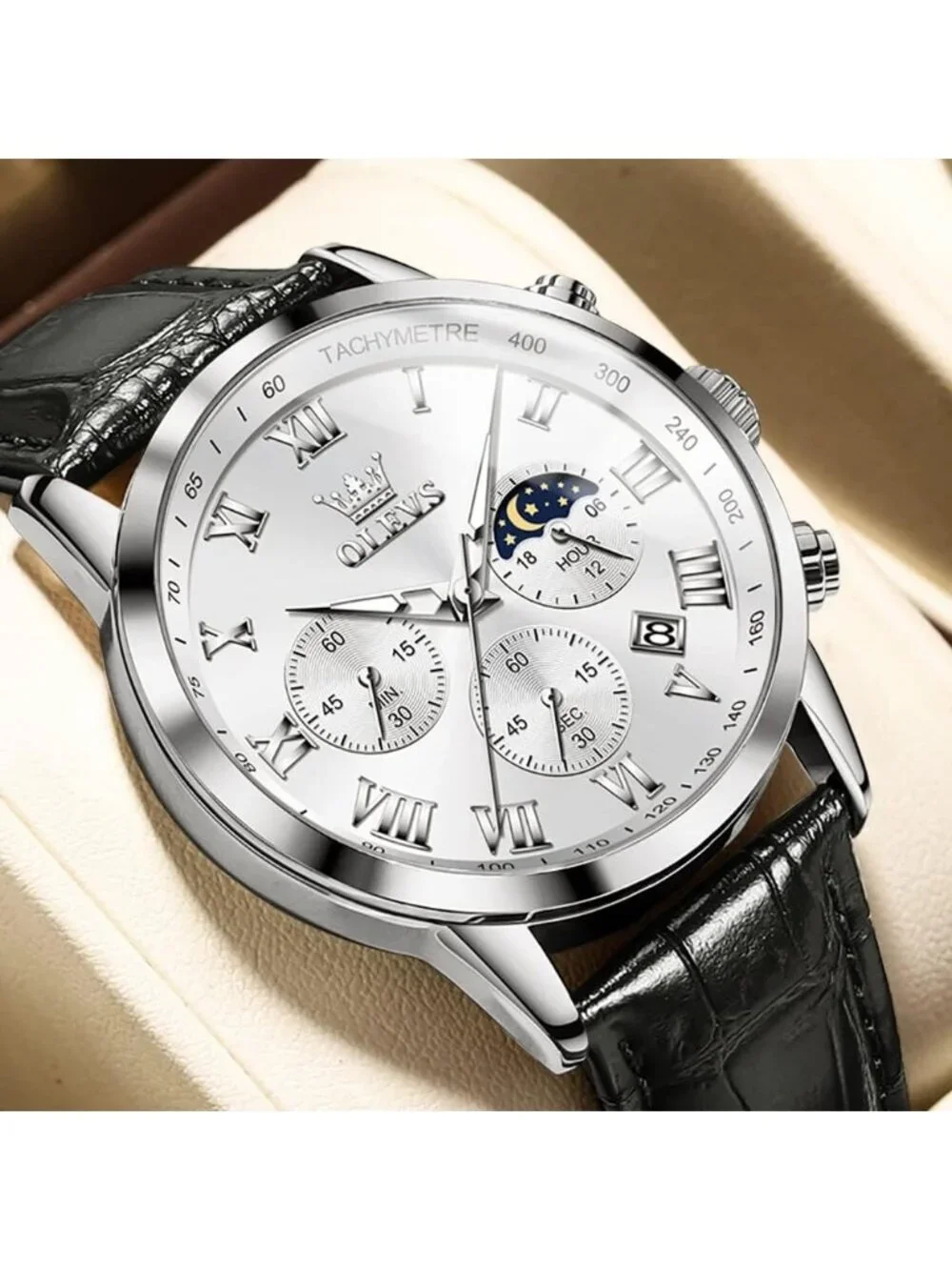 Men's Black White Leather Analog Quartz Luxury Chronograph Waterproof Wristwatch